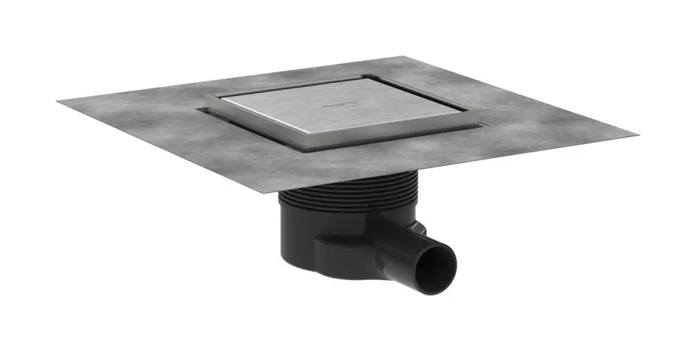 Edelstahlabfluss mit quadratischer Abdeckung, geeignet zum flächenbündigen Einbau. Hersteller Hansgrohe. Anschluss an Abwassersystem in der Rückseite.